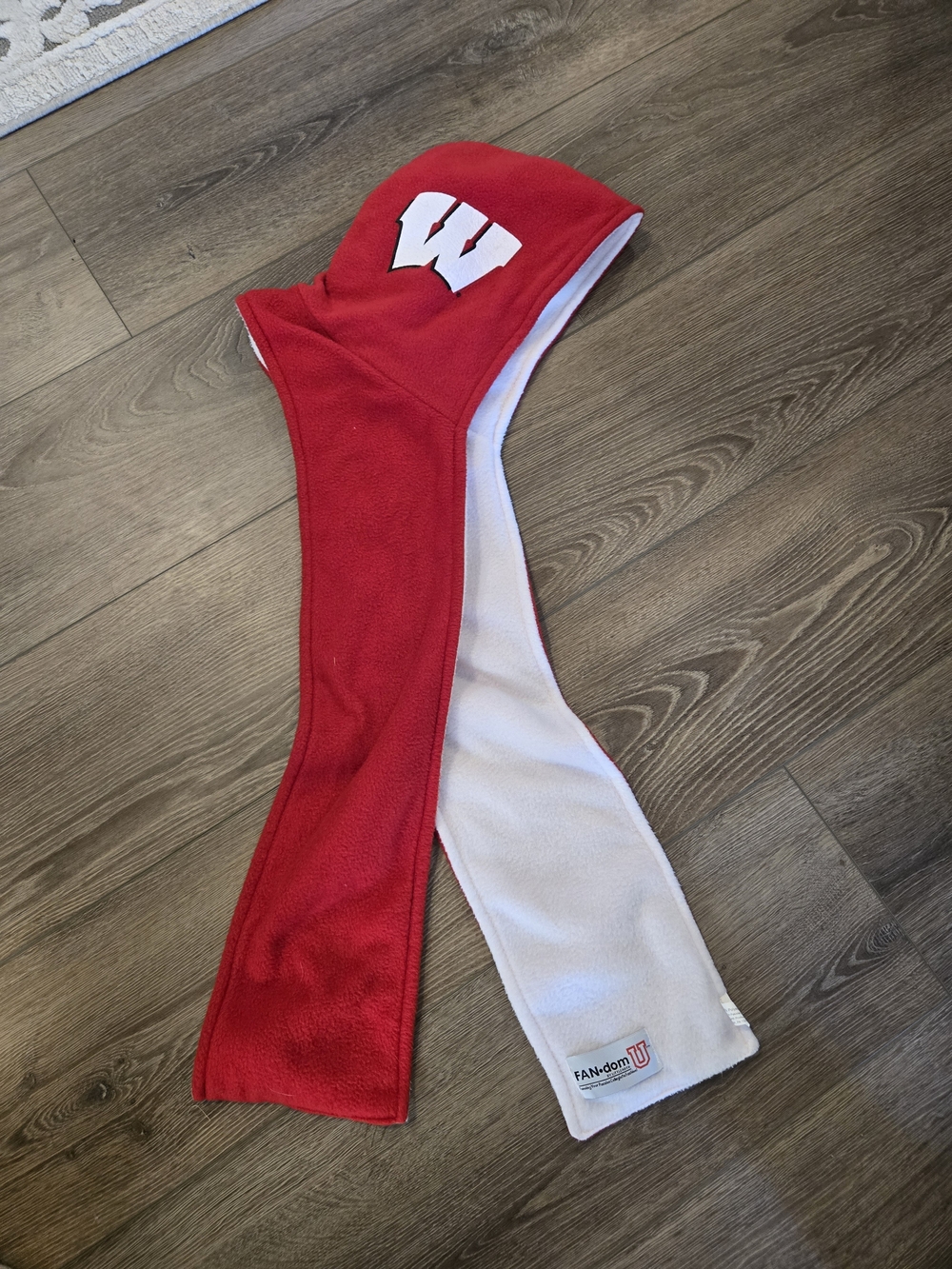 Red and White One Size Hooded Scarf with WI Patch